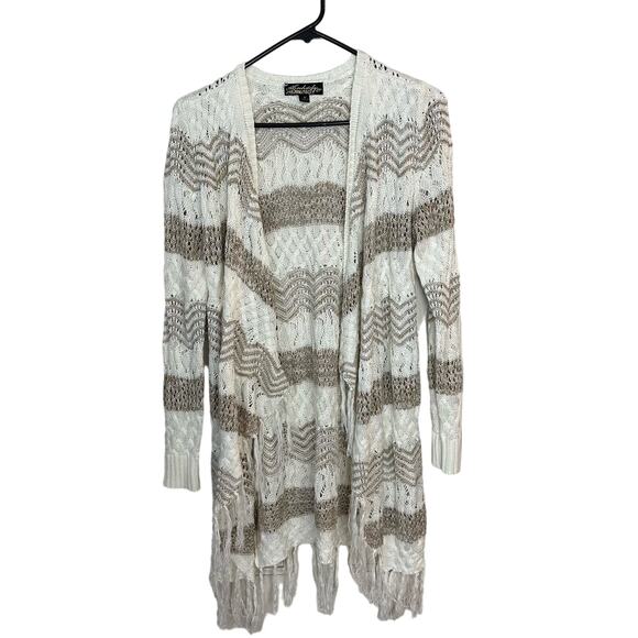 Coastal Beachy Crochet Sweater Cardigan Womens Size M Fringe Absolutely Famous - Picture 1 of 6